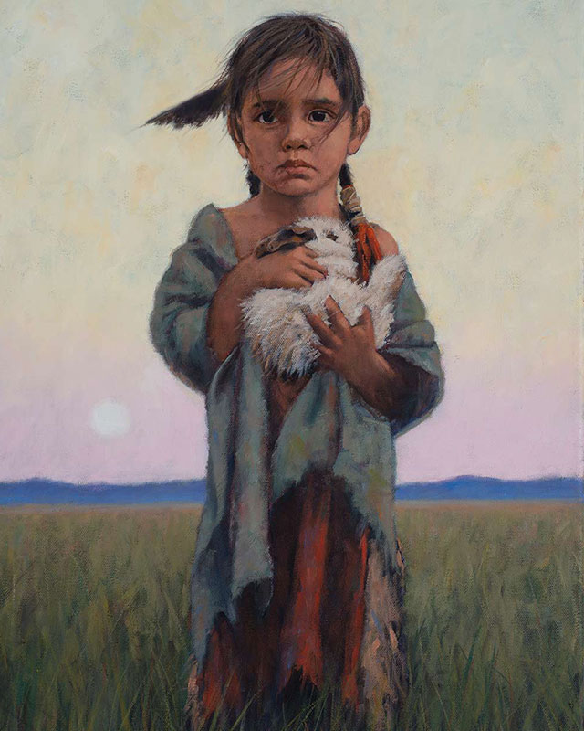 Young Native American girl holding a bunny with a solemn, stubborn countenance.